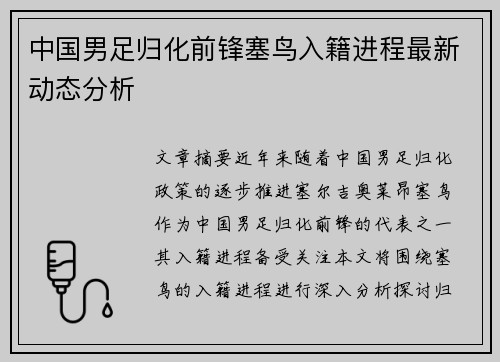 中国男足归化前锋塞鸟入籍进程最新动态分析