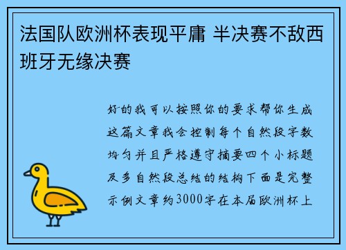 法国队欧洲杯表现平庸 半决赛不敌西班牙无缘决赛